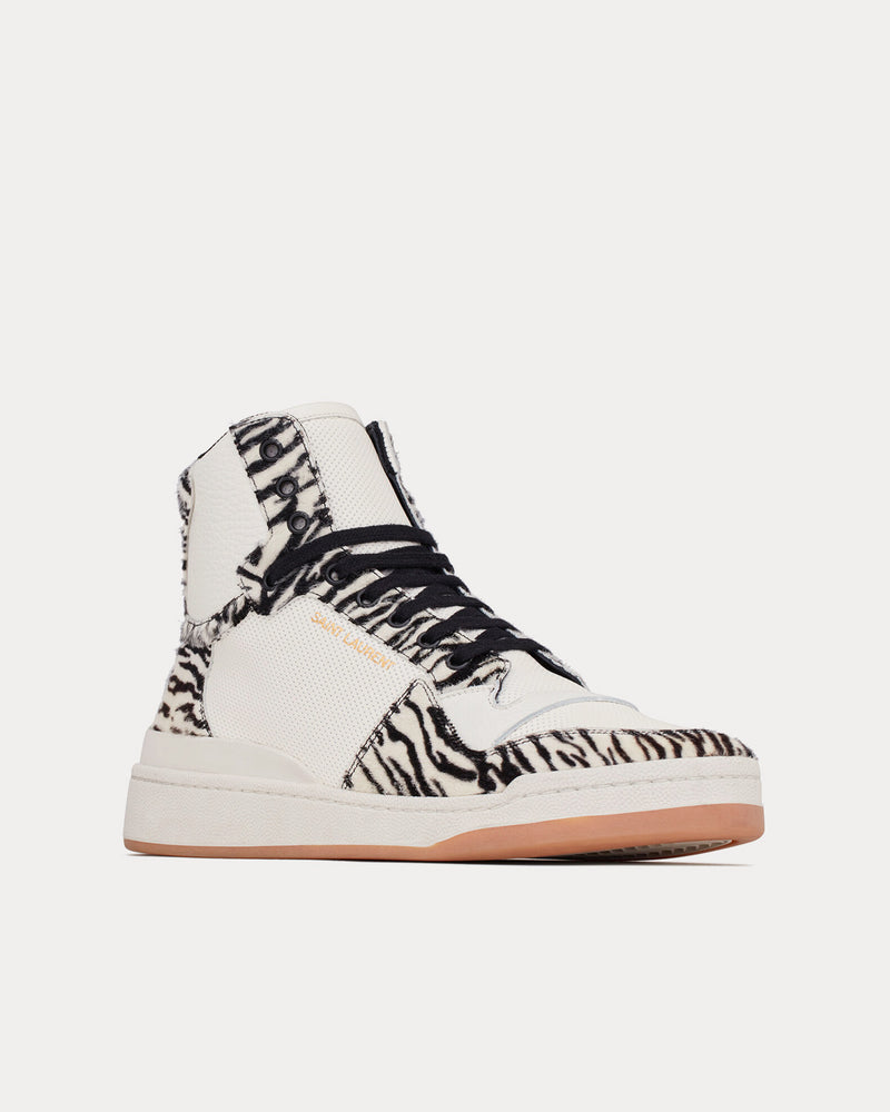 Saint Laurent SL/24 Smooth Leather & Zebra Print Pony Effect Blanc et Noir Mid Top Sneakers - 3