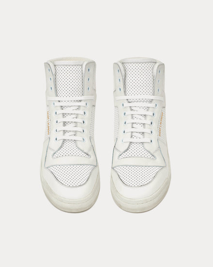 Saint Laurent SL/24 Used Look Perforated Leather Optic White Mid Top Sneakers - 2