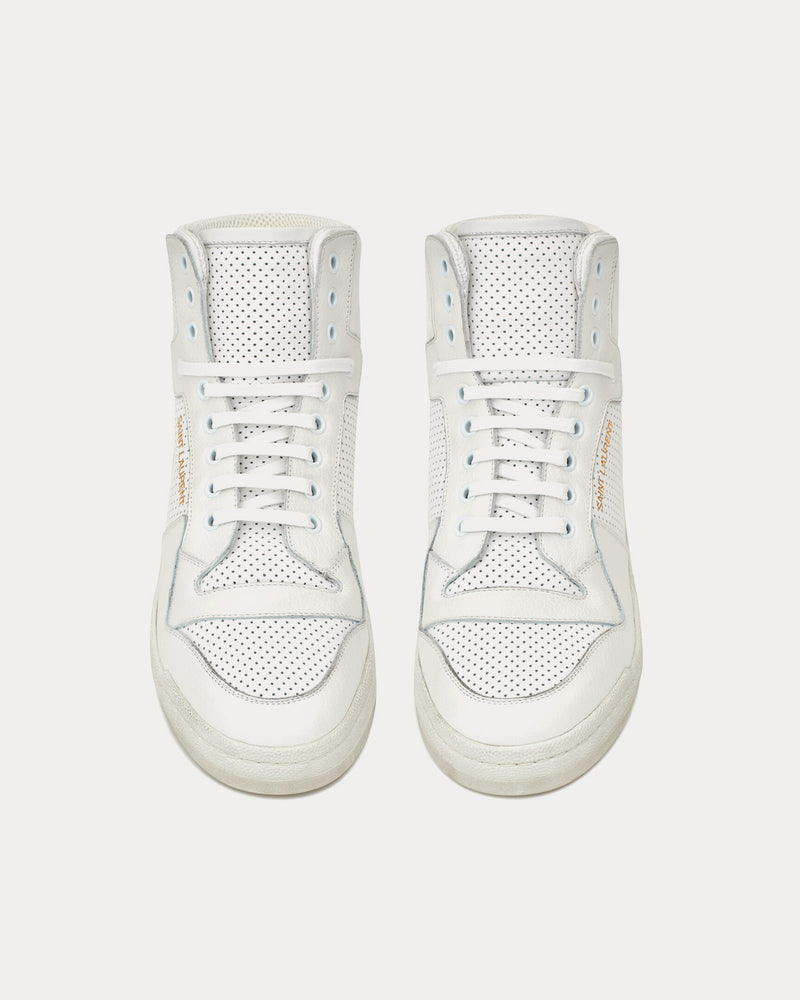Saint Laurent SL/24 Used Look Perforated Leather Optic White Mid Top Sneakers - 2