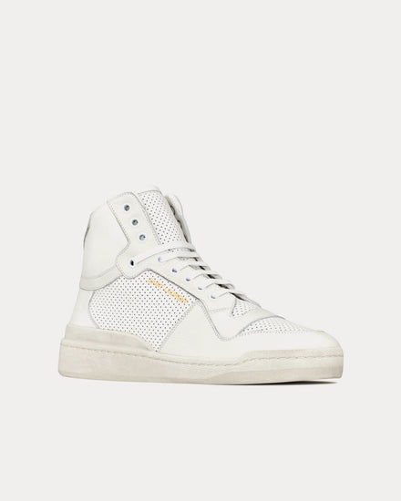 Saint Laurent SL/24 Used Look Perforated Leather Optic White Mid Top Sneakers - 3