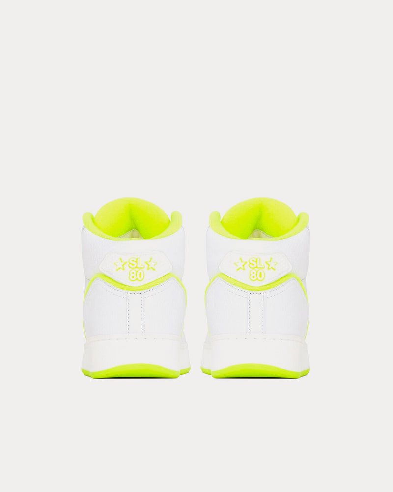 Saint Laurent SL/80 Smooth & Grained Leather Blanc Optique et Jaune Fluo Mid Top Sneakers - 4