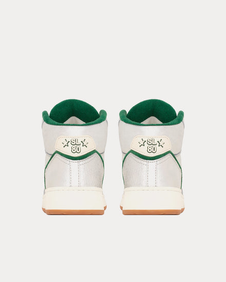 Saint Laurent SL/80 Metallic & Smooth Leather Argent Et Dark Emerald Green Mid Top Sneakers - 3