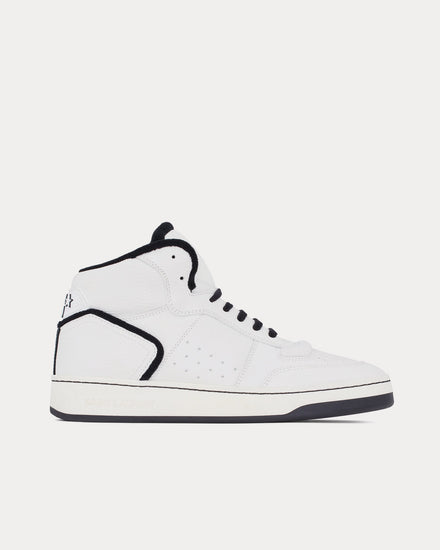 Saint Laurent SL/80 Smooth & Grained Leather Blanc Optique / Black Mid Top Sneakers - 1