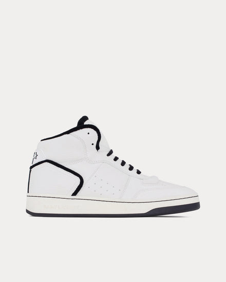 Saint Laurent SL/80 Smooth & Grained Leather Blanc Optique / Black Mid Top Sneakers - 1