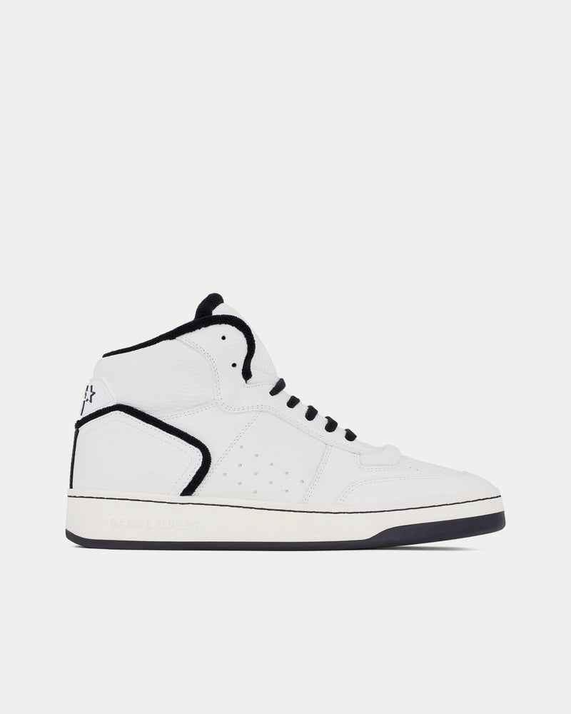Saint Laurent SL/80 Smooth & Grained Leather Blanc Optique / Black Mid Top Sneakers - 1