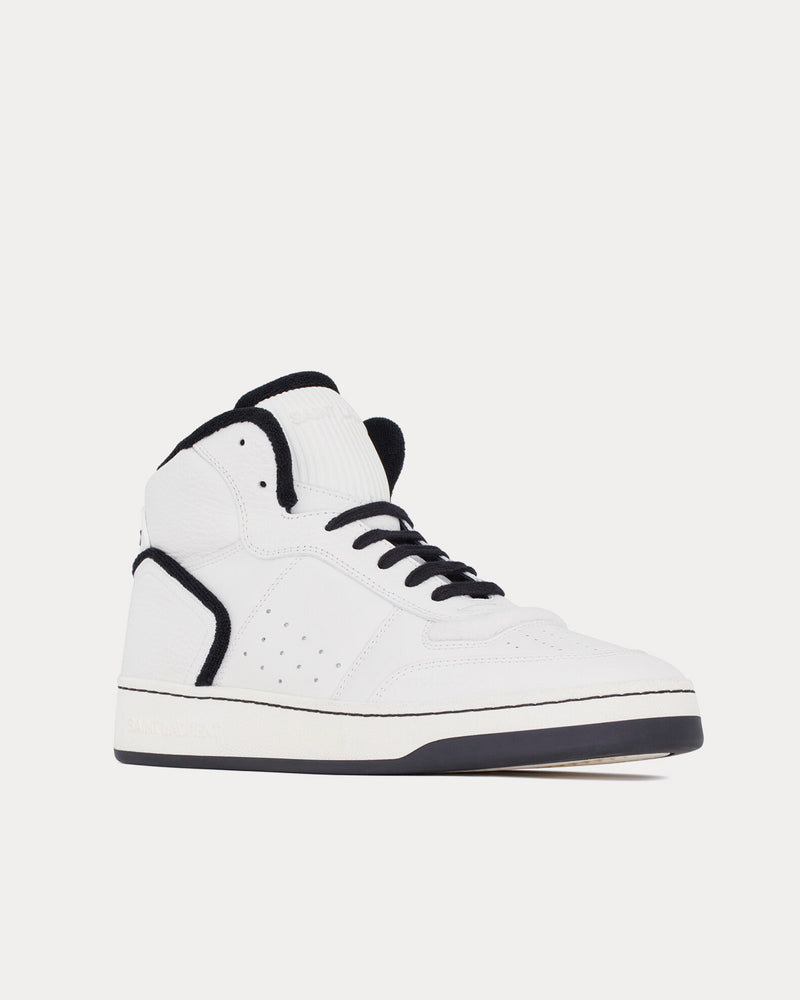 Saint Laurent SL/80 Smooth & Grained Leather Blanc Optique / Black Mid Top Sneakers - 3