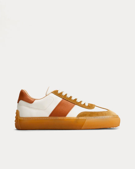 Tod's Logo Stamped Smooth Leather & Suede White / Brown Low Top Sneakers - 1