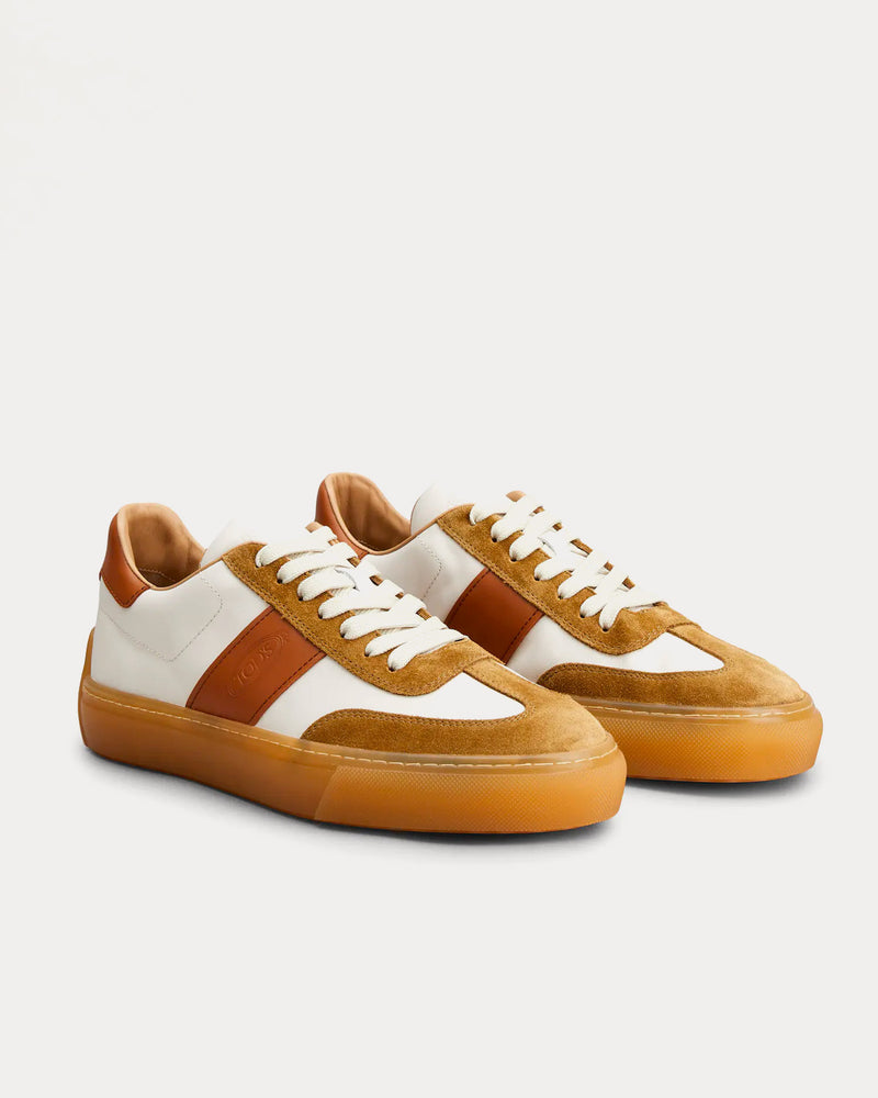 Tod's Logo Stamped Smooth Leather & Suede White / Brown Low Top Sneakers - 2