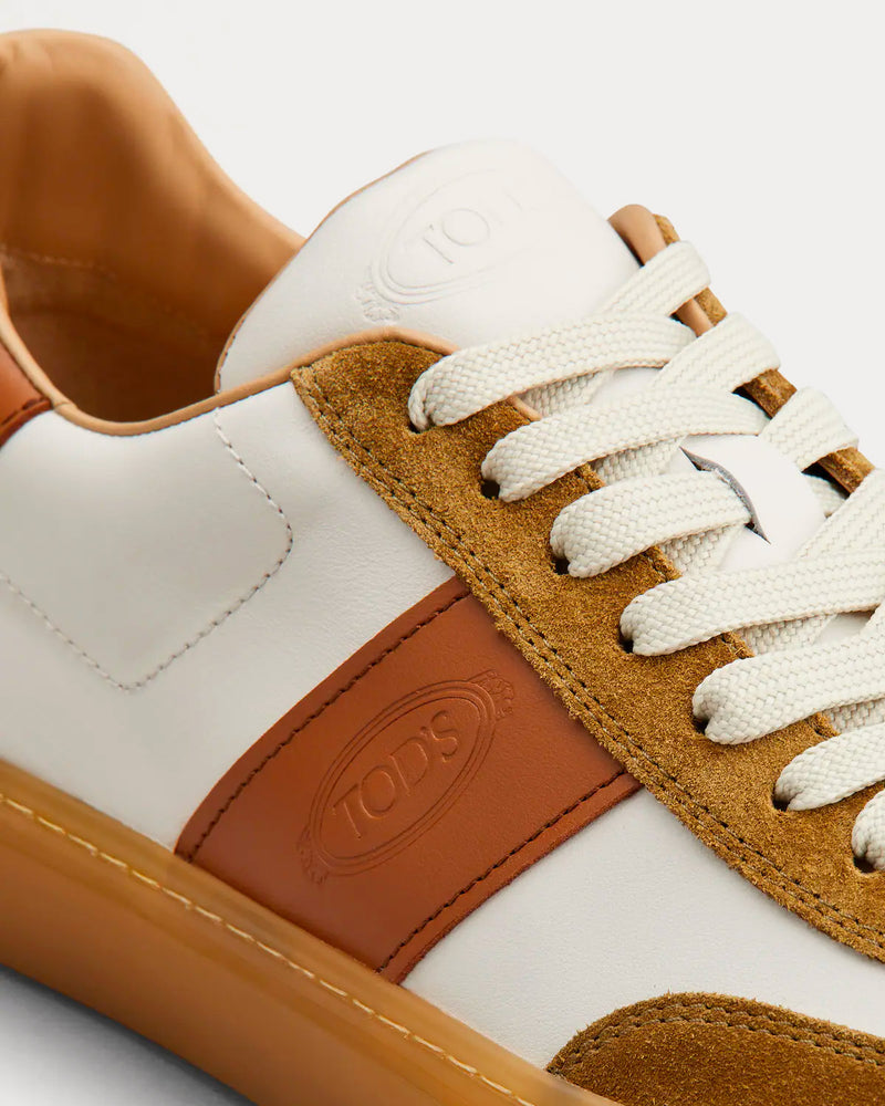 Tod's Logo Stamped Smooth Leather & Suede White / Brown Low Top Sneakers - 5