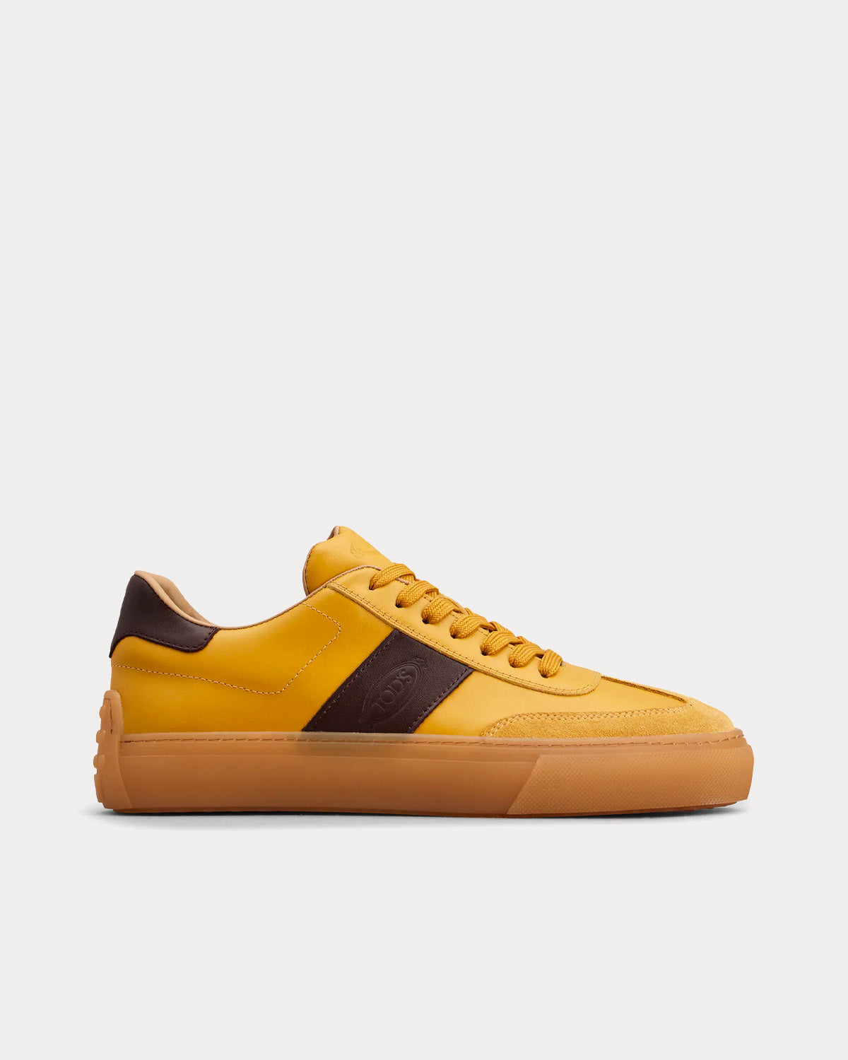 Tod s Logo Stamped Smooth Leather Suede Yellow Brown Low Top Sneakers Sneak in Peace